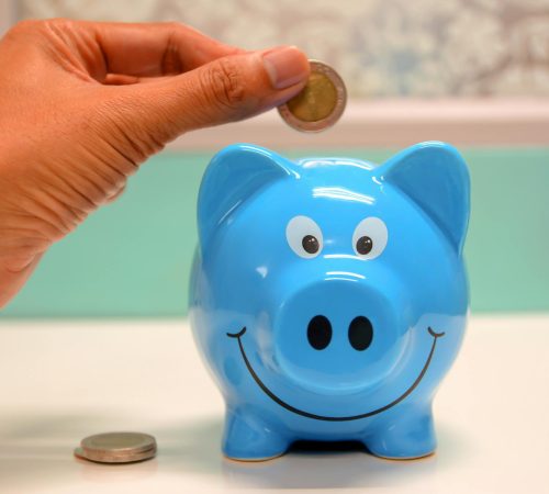 person putting coin in a piggy bank